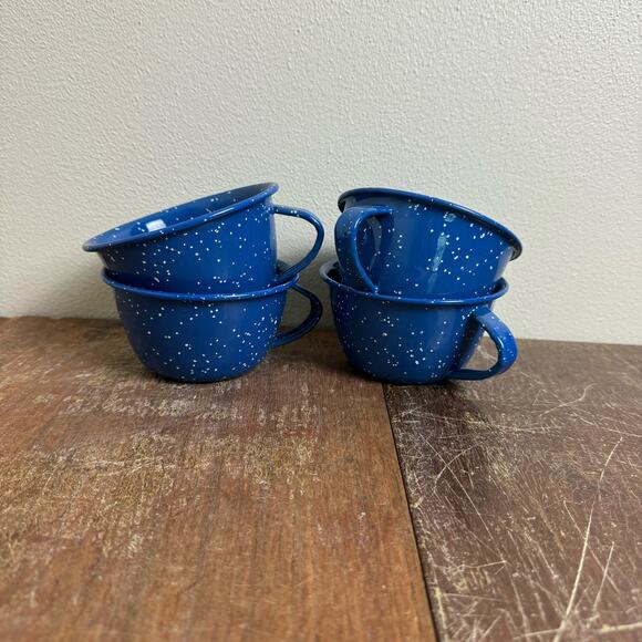 Vintage Blue White Speckled Enamel Graniteware set of 4 coffee cup mugs - Picture 1 of 8